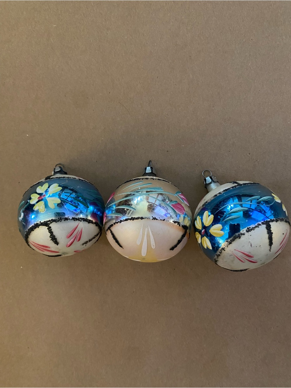 Antique Hand-Painted Ornaments World War 2 Era 1940's set of 3 floral Flowers